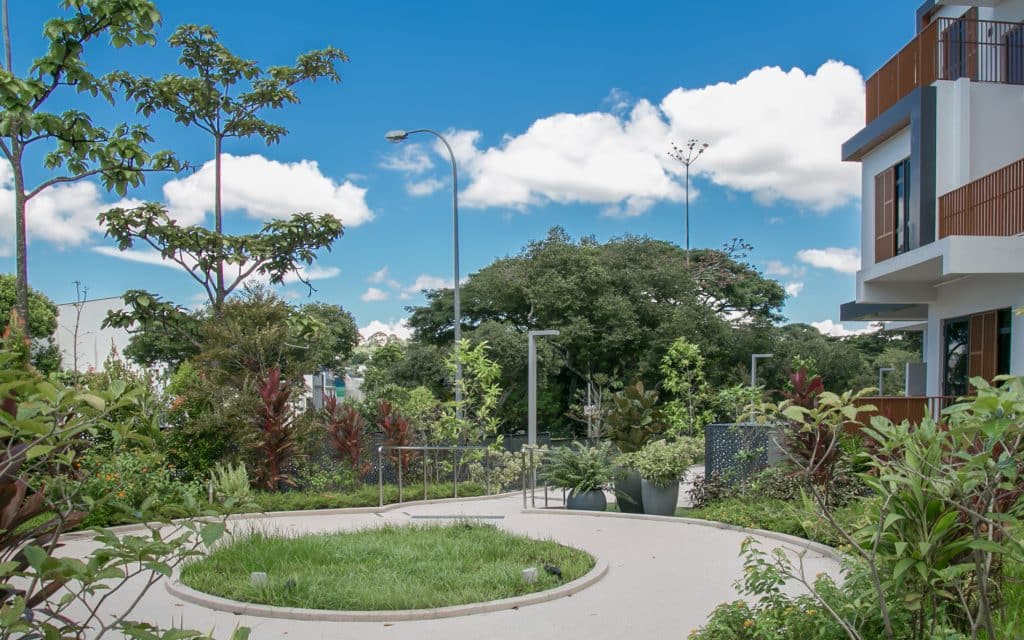 Peaceful outdoor garden at Allium Healthcare, featuring lush greenery and walking paths for relaxation and therapy