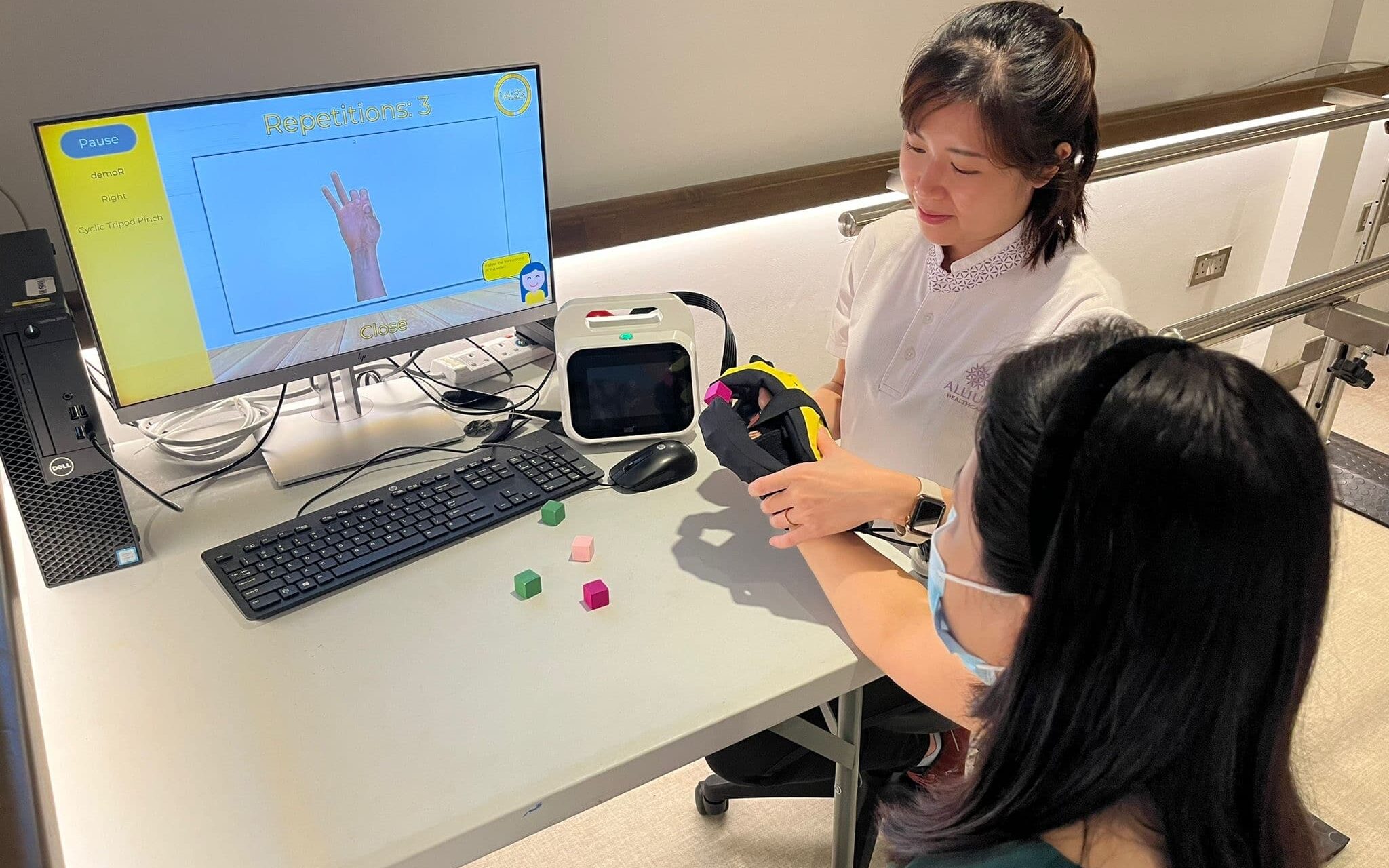 Senior undergoing advanced neurorehabilitation with specialized equipment and therapist support